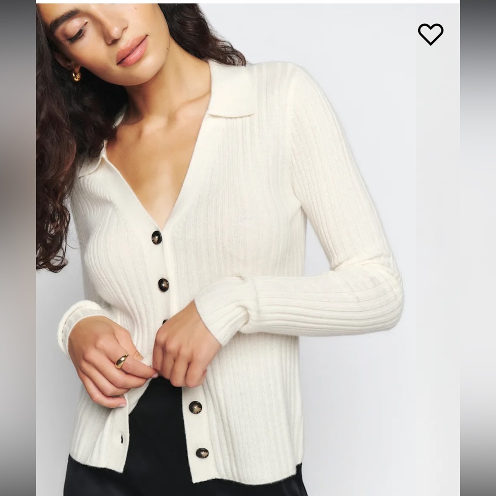 REFORMATION Centro Cashmere Ribbed Collared Sweater Gossamer Cream White Size XL